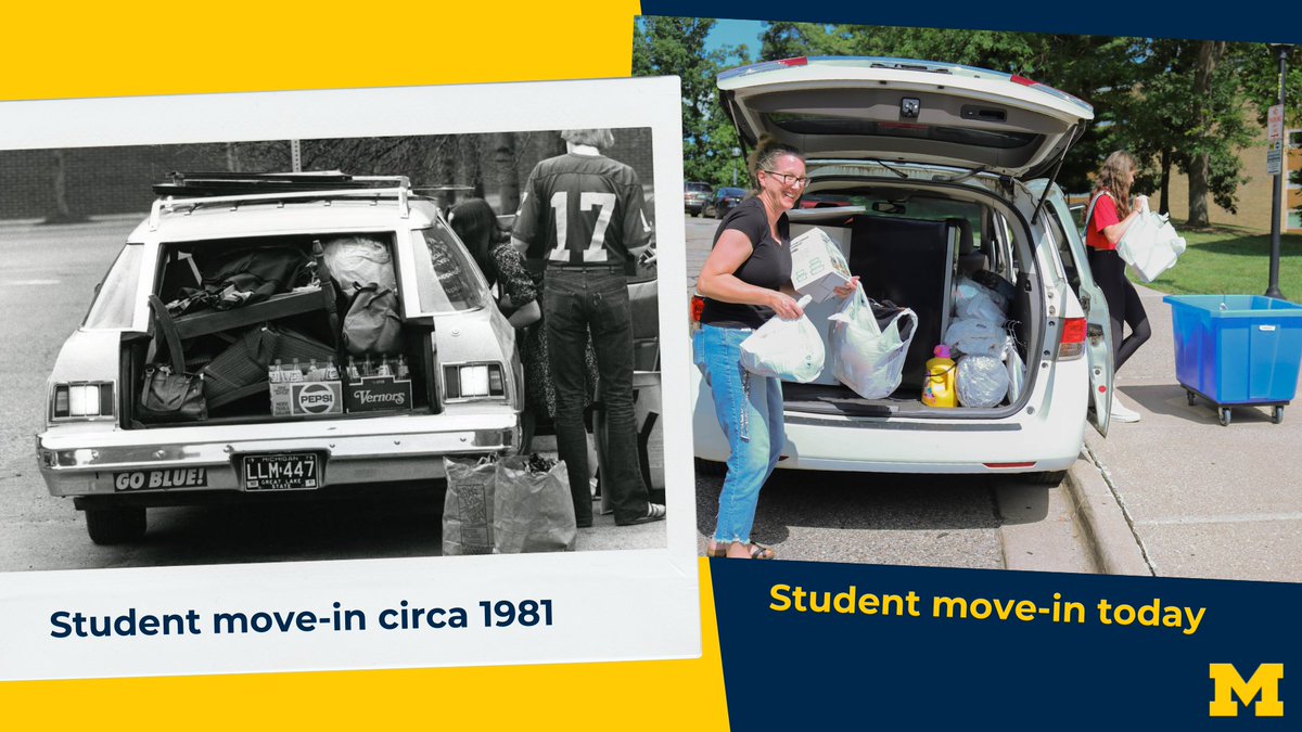 UMich's tweet photo. It may look a little different now, but move-in has always been a favorite photo opp! Share your move-in pictures with us. #MoveInHoMe #GoBlue #ThrowbackThursday https://t.co/Vw8GihZ5zJ