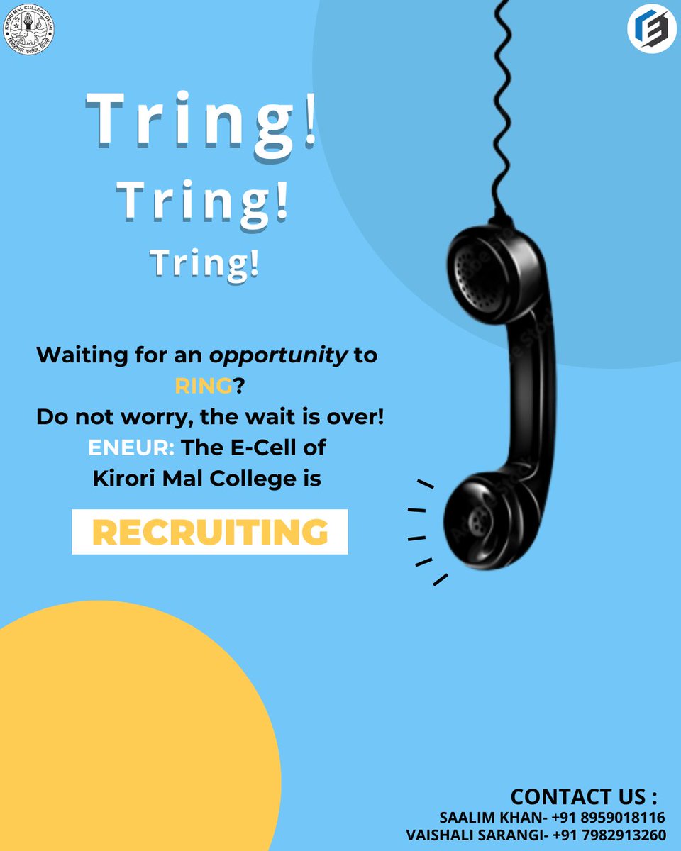 kmc_eneur's tweet photo. If you've been waiting for an opportunity to knock on your door, then this call is for you.Eneur: The E-Cell of Kirori Mal College is recruiting.
Stay tuned for further updates!!

#entrepreneurshipcell #ecell  #opportunity #kmc #kirorimalcollege #startup #business #StayTuned https://t.co/B4iqoQsI5I