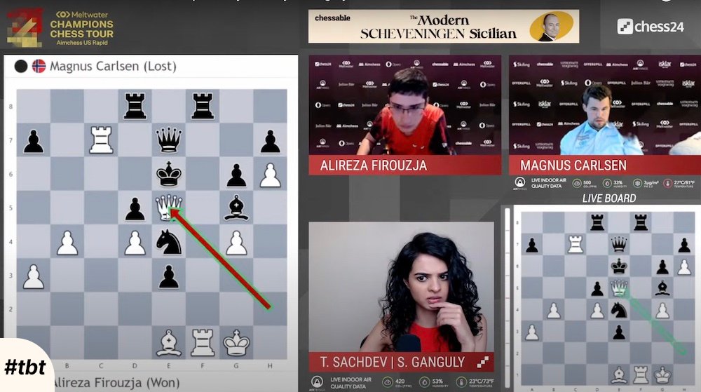 chess24com's tweet photo. #TBT! Throwback to #Aimchess US Rapid, the penultimate tournament of the @ChampChessTour 2021, this one started with a bang, with @AlirezaFirouzja checkmating the World Champion on the first day!
Do you remember who came out on top of this event?
#ThrowbackThursday https://t.co/qlZuzL0UKe