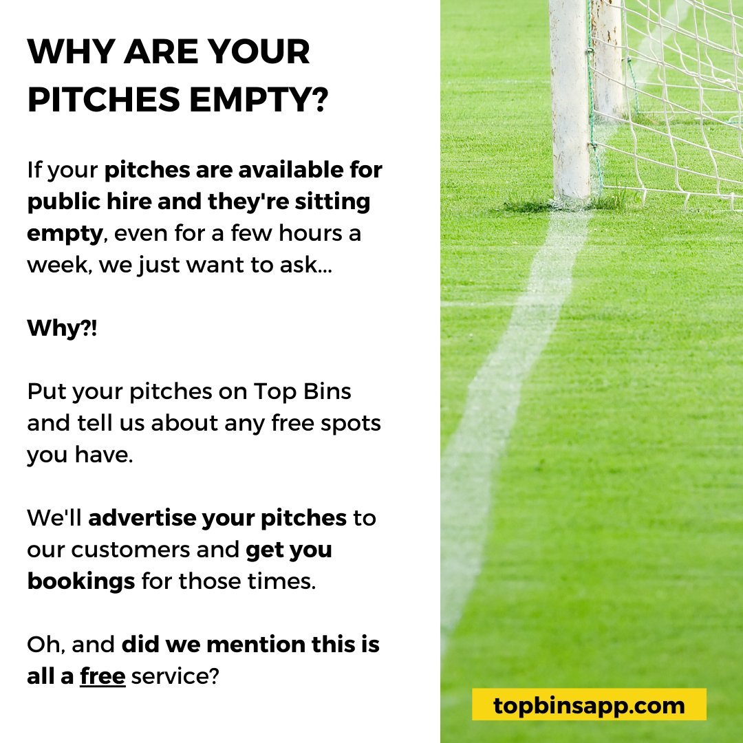 TopBinsApp's tweet image. 📢Venues with football pitches📢

There&apos;s no need to pay for a booking system. 

Or for for your pitches to be sat empty and not making £. There&apos;s so much demand from players, they just can&apos;t find you!

Join the Top Bins family today. It&apos;s 100% free. 

#TopBinsApp #PitchHire