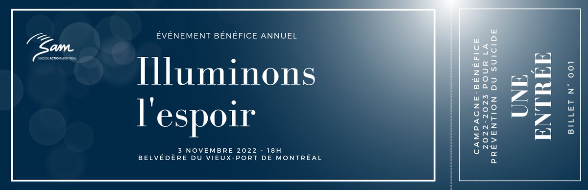 Soirée VIP, cocktail signature, réseautage, prestation musicale de feu... 
Le 3 novembre 2022, SAM vous invite à son événement-bénéfice annuel Illuminons l’espoir au Belvédère du Vieux-Port de Montréal 
Achetez vos billets dès maintenant ! zeffy.com/fr-CA/ticketin…   
#IE22