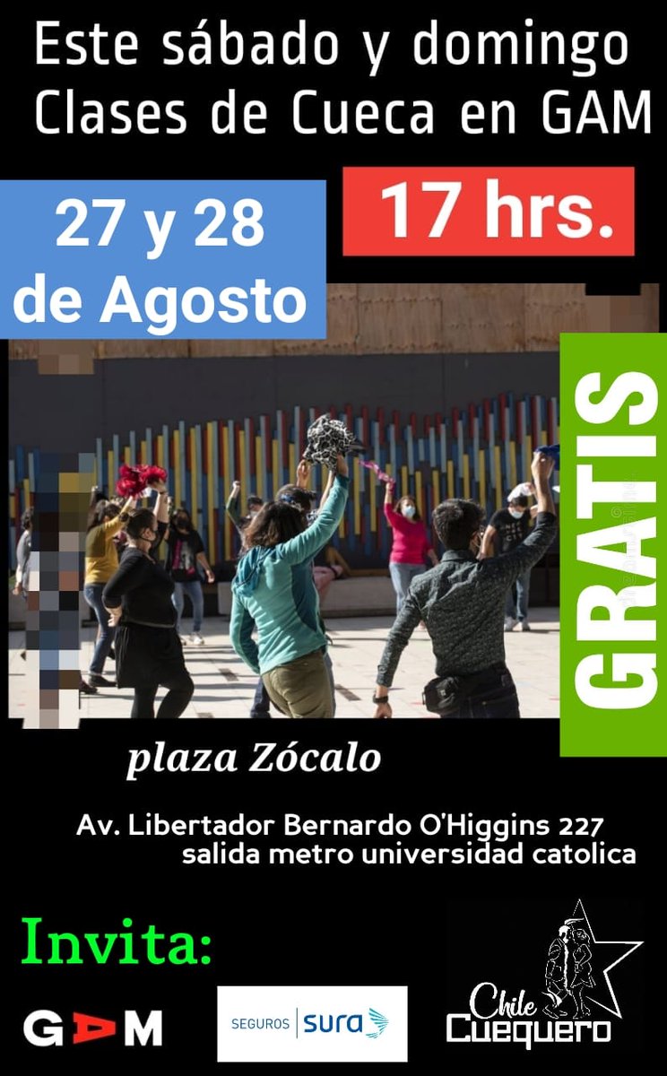 Les invitamos a preparar sus cuecas con nosotros este fin de semana en una clase masiva en el GAM, desde las 17 Hrs
<a href="/centroGAM/">Centro GAM</a> <a href="/segurosSURACL/">Seguros SURA Chile</a> 
#cueca #cuecachilena #clasesdecueca #septiembre #fiestaspatrias