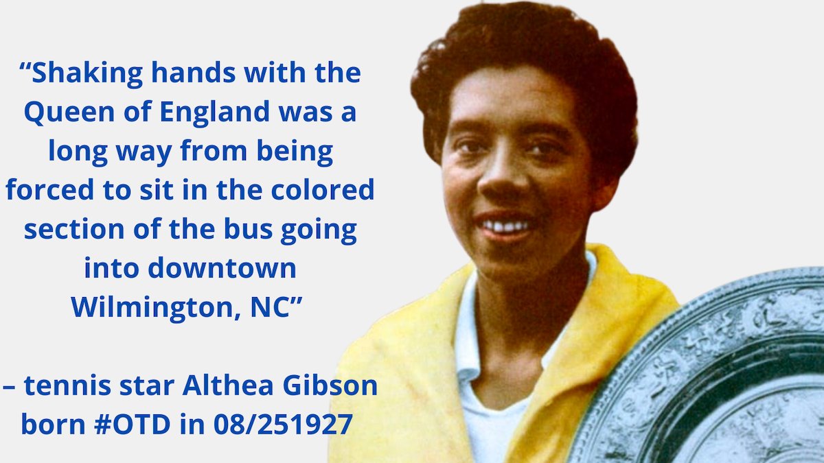 InThePastLane's tweet photo. “Shaking hands with the Queen of England was a long way from being forced to sit in the colored section of the bus going into downtown Wilmington, NC” – tennis star Althea Gibson born #OTD in 1927 #ushistory #AfAmHist #WmnHist #Tennis https://t.co/idp2emglBC