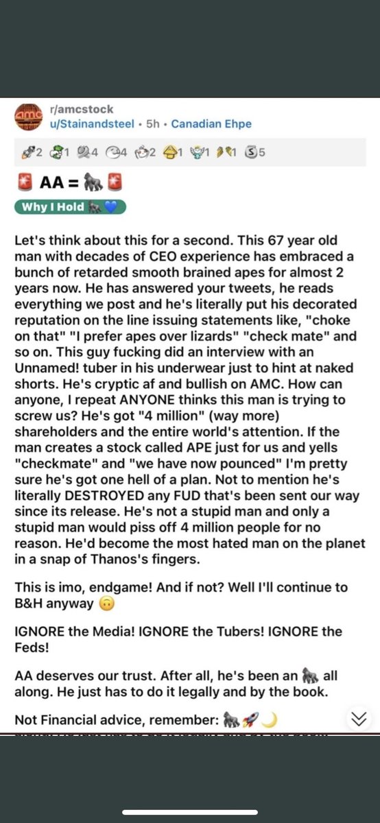 From reddit
#AMC $AMC $APE #APE
#AMCNEVERLEAVING 
This is imo, endgame! And if not? Well I'Il continue to B&H anyway
IGNORE the Media!
IGNORE the Tubers! 
AA deserves our trust
After all, he's been an 🦍 all along
He just has to do it legally & by the book.

Not financial Advice