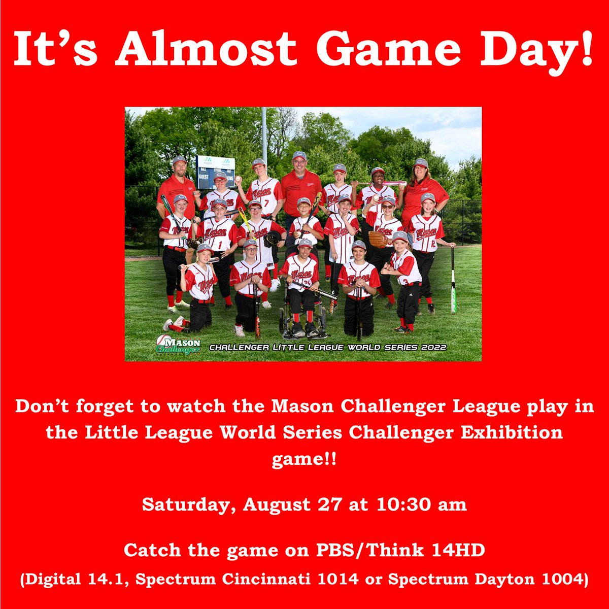 Wishing our Mason Challenger Little League team players &amp; families safe travels as they start their journey to Williamsport, PA for the <a href="/LittleLeague/">Little League</a> Challenger Exhibition Game. <a href="/cooperlearns/">Jonathan Cooper</a> <a href="/johnsadak/">John Sadak</a> <a href="/Reds/">Cincinnati Reds</a> 
<a href="/imaginemason/">City of Mason Ohio</a> <a href="/MasonSchools/">Mason City Schools</a> <a href="/choosedeerfield/">Deerfield Township</a> 
<a href="/madechamber/">Mason Deerfield Chamber</a> <a href="/orr_bot/">Ian Orr</a>