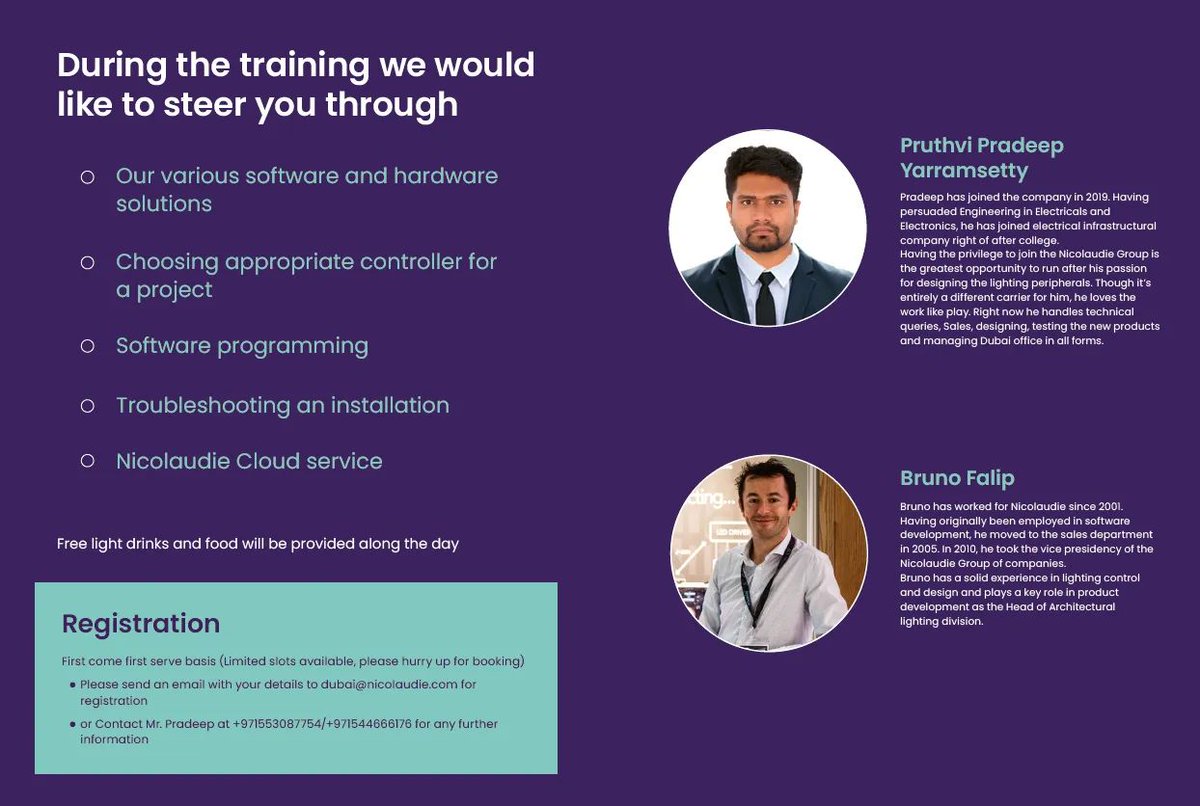 A training seminar on Nicolaudie Architectural control solutions is scheduled for Friday 9/9/2022 in Dubai, UAE. The seminar will be handled by Pruthvi Pradeep Yarramsetty and <a href="/brunofalip/">Bruno Falip</a>.

#lightingcontrol #training #dubai #dmxcontrol #DMX #nicolaudie