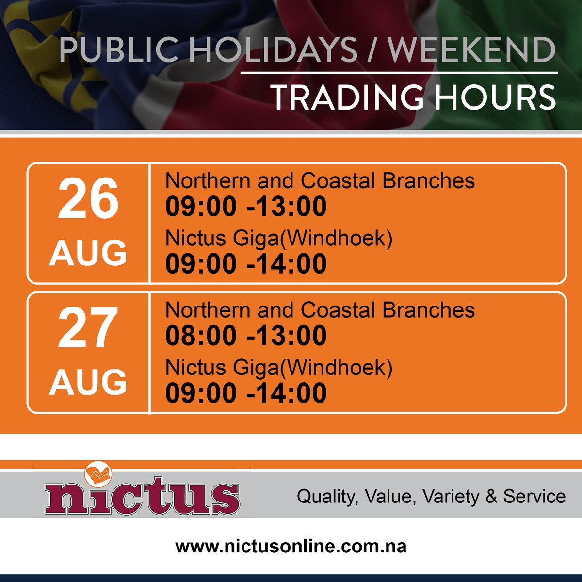 NictusNamibia's tweet photo. Enjoy your long weekend and happy shopping.
#NictusNA #QualityValueVarietyService https://t.co/IdNJBC1SBI