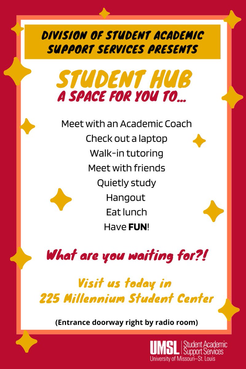 Need somewhere to go today on campus? 

Stop by 225 MSC today and check out the Division of Student Academic Support Services (SASS)!