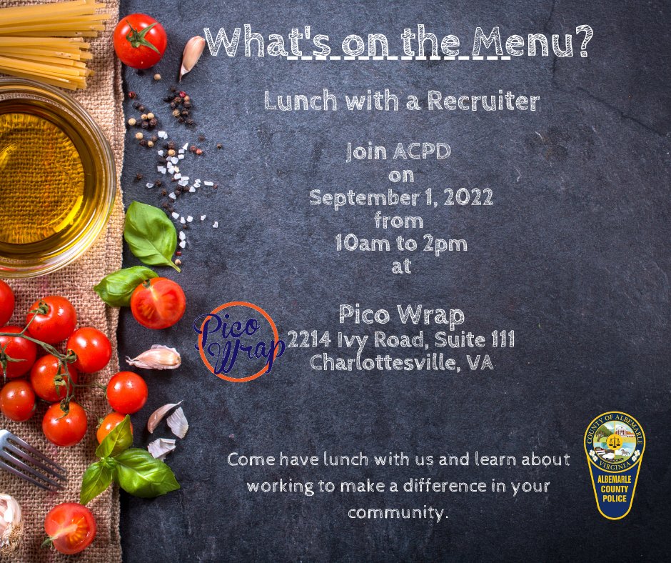 ACPD_VA's tweet photo. Hey Albemarle, Did you miss Coffee with a Recruiter? Coffee just not your thing? Well, next Thursday Sept. 1, our recruiters will be at Pico Wrap at 2214 Ivy Rd from 10am - 2pm. Come join us. Eat some great food and talk to ACPD staff about what its like to be an officer. #BeACPD https://t.co/g20ZqqnhCe