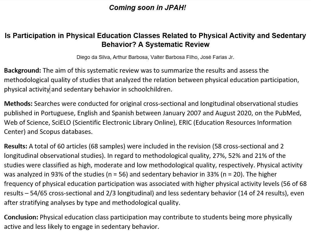 JPAHjournal's tweet photo. A new review from researchers in 🇧🇷 has found that participation in PE class may contribute to students being more active &amp; less sedentary. https://t.co/Tg66dHcaaN