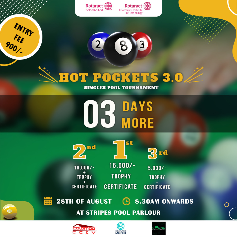 IITRotaract's tweet photo. The clock is ticking...⏰
Get yourselves registered for the most awaited pool tournament of the year, as there are only 3 days more for Hot Pockets 3.0!!!🎱
Hurry up and reserve your spot. 
https://t.co/TXincl11Va 
#Rotaract3220  #Sportsandrecreational 
#RACIIT #RACCF #Hotpockets https://t.co/Y9iRTcbO2d