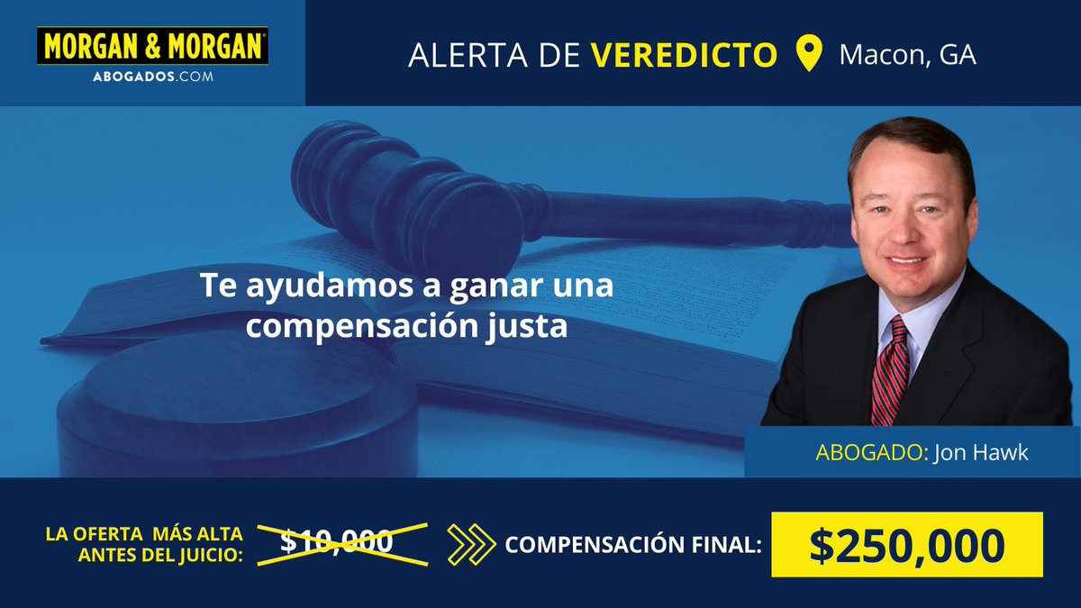 abogados_USA's tweet photo. ¡Celebramos más buenos resultados de nuestro equipo!

Felicitaciones a Jon Hawk y su cliente en Georgia por ganar un veredicto de $250,000.00. La oferta previa al juicio fue de $10,000 de esto se trata la justicia ⚖️

#victoriamorgan #porgaGente #abogadosengeorgia https://t.co/eZ2Jg9KQIT