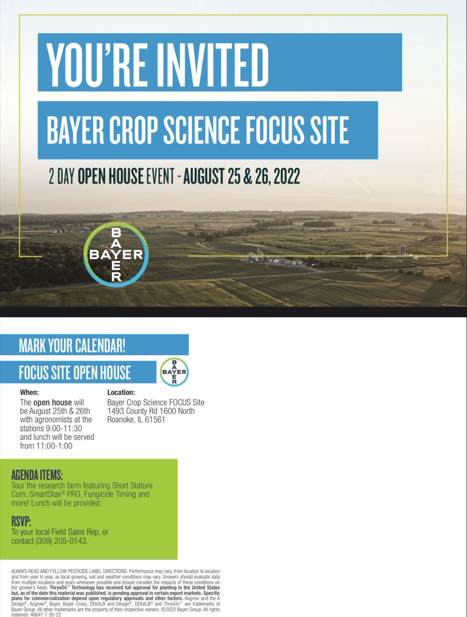 2nd annual Open House at our Bayer Focus Site in Roanoke, IL happening today and tomorrow.  Anyone interested in learning about the Bayer portfolio and the research we conduct feel free to stop out!  Details attached.