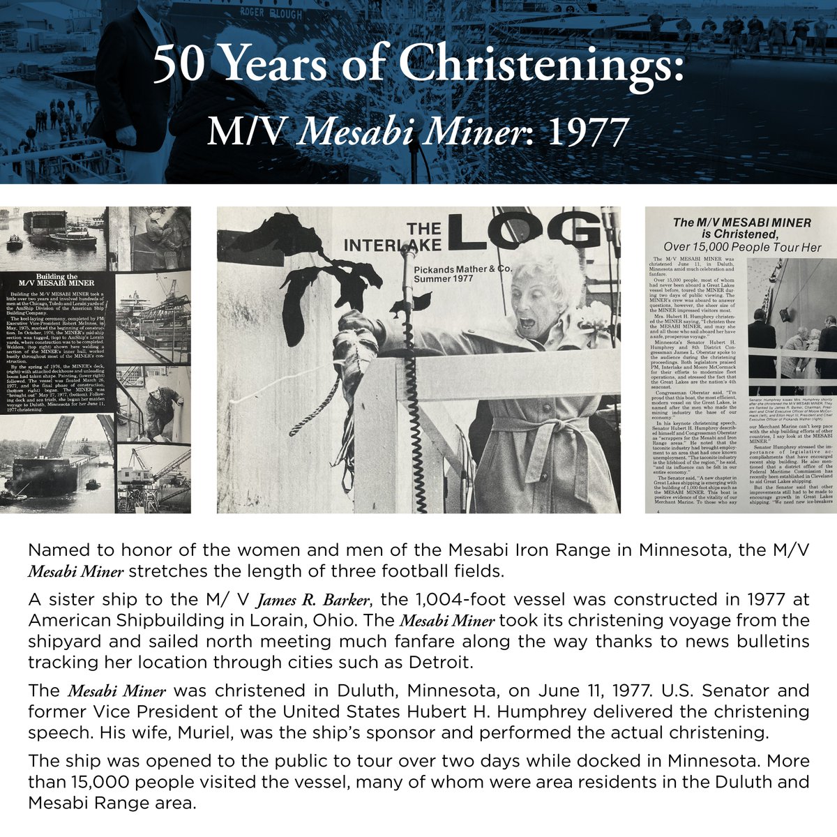 InterlakeSSCo's tweet photo. With only a week until we christen our new 639-foot M/V Mark W. Barker on Sept 1 in Cleveland, it's the perfect time to highlight Interlake Christenings in the last 50 years. Our proud US flag-fleet is #MadeInAmerica. πΊπΈπΎ#USBuilt #USCrewed #USOwned #breakoutthebubbly https://t.co/Fs9Umvy0IJ