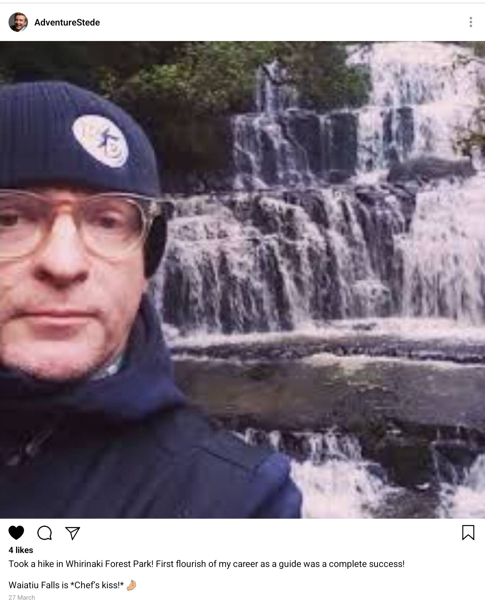 Stede's instagram post (AdventureStede). Selfie of Stede in front of the waterfall. Caption Reads "Took a hike in Whirinaki Forest Park! First flourish of my career as a guide was a complete success!