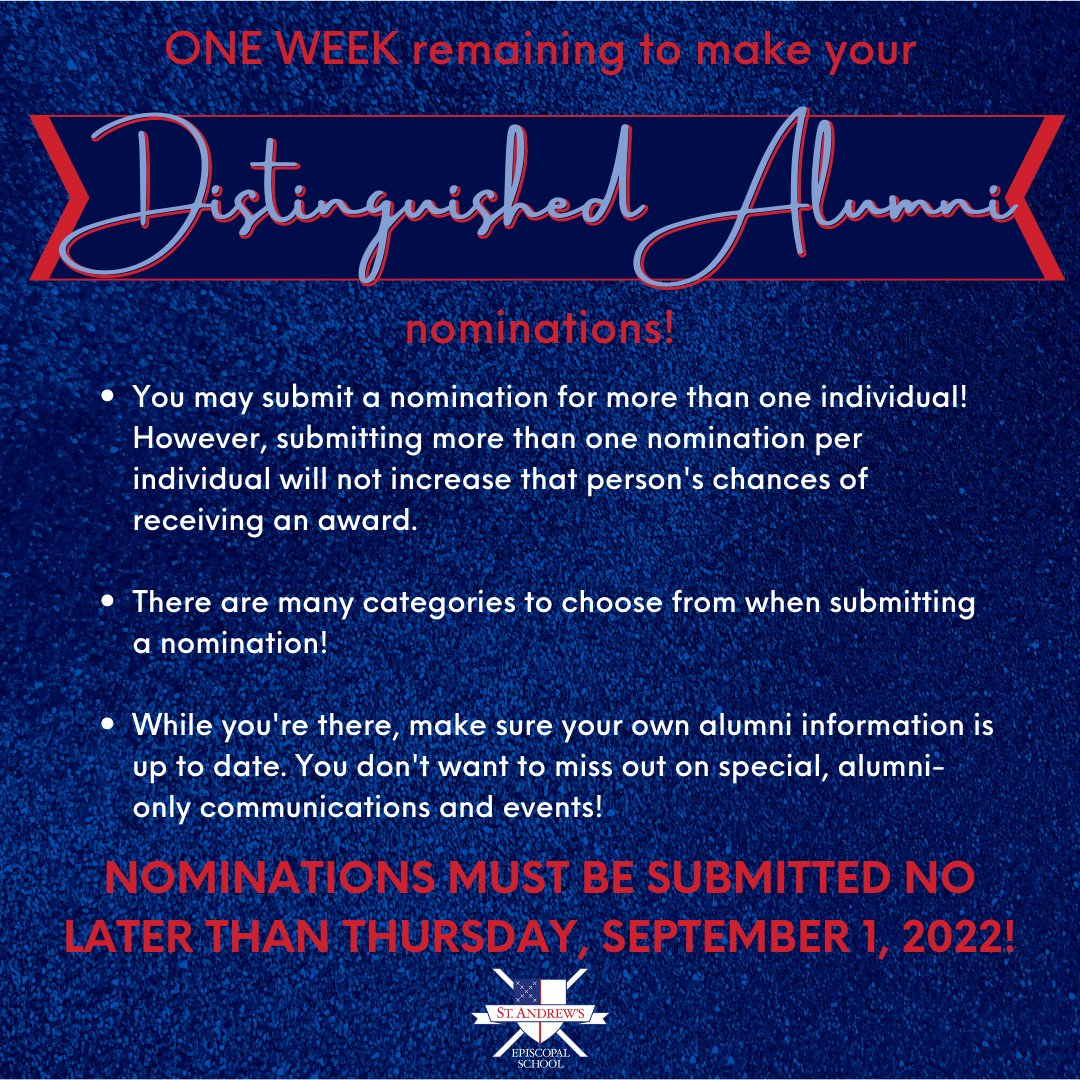 standrewsamari1's tweet photo. Only 1 week left to make your Distinguished Alumni nominations! We have seen some really great nominations come through so far, but we would love to see more!! #saesAlumni #saesExcellence https://t.co/FTwtiC0OSN