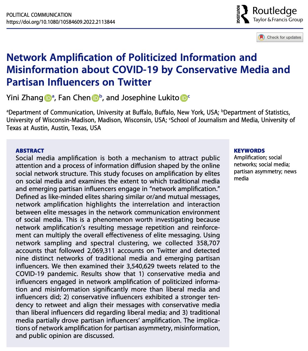 Our new paper (w/<a href="/ftrevorc/">Fan Chen</a> <a href="/JosephineLukito/">Jo(sephine) Lukito</a>) on elite communication on social media is now out. With current research focusing on content characteristics of elite messages on social media, this paper fills the gaps by investigating the interrelation and interaction between msgs
