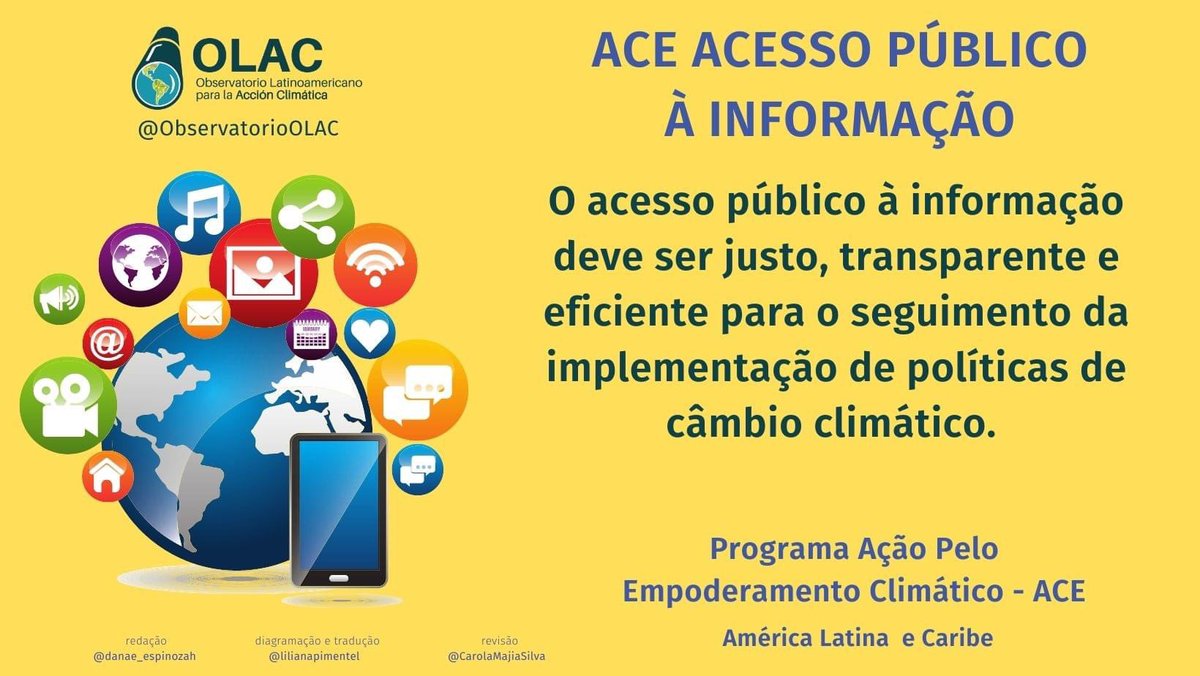 OlacLAC's tweet photo. 🇧🇷 O Acesso Público à Informação é parte fundamental na tomada de decisões que afetam o meio ambiente e o clima. ACE na América Latina e Caribe se une a esse processo.
Conheça mais sobre este componente do ACE aqui. #OlacACE #AcuerdodeEscazú #COP27 #Clima #ambiente #governança https://t.co/ywEImxSwoQ