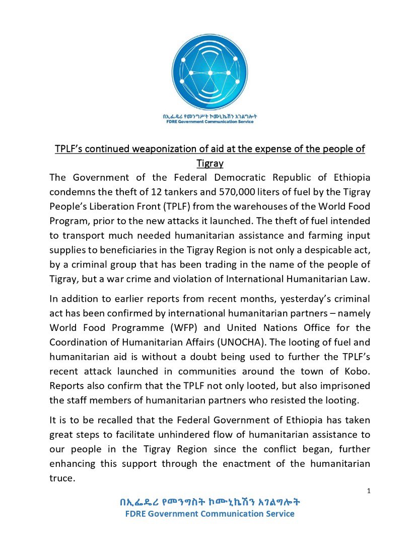 HermelaTV's tweet photo. BREAKING: Ethiopia report says TPLF militants in Tigray imprisoned UN staff who resisted looting of 12 fuel tankers. Also debunks @WHO head @DrTedros “known member &amp; proponent of TPLF” + his claim that fuel shortage hampering humanitarian aid in Tigray. A terrorist running @WHO. https://t.co/q4JhcaoABO