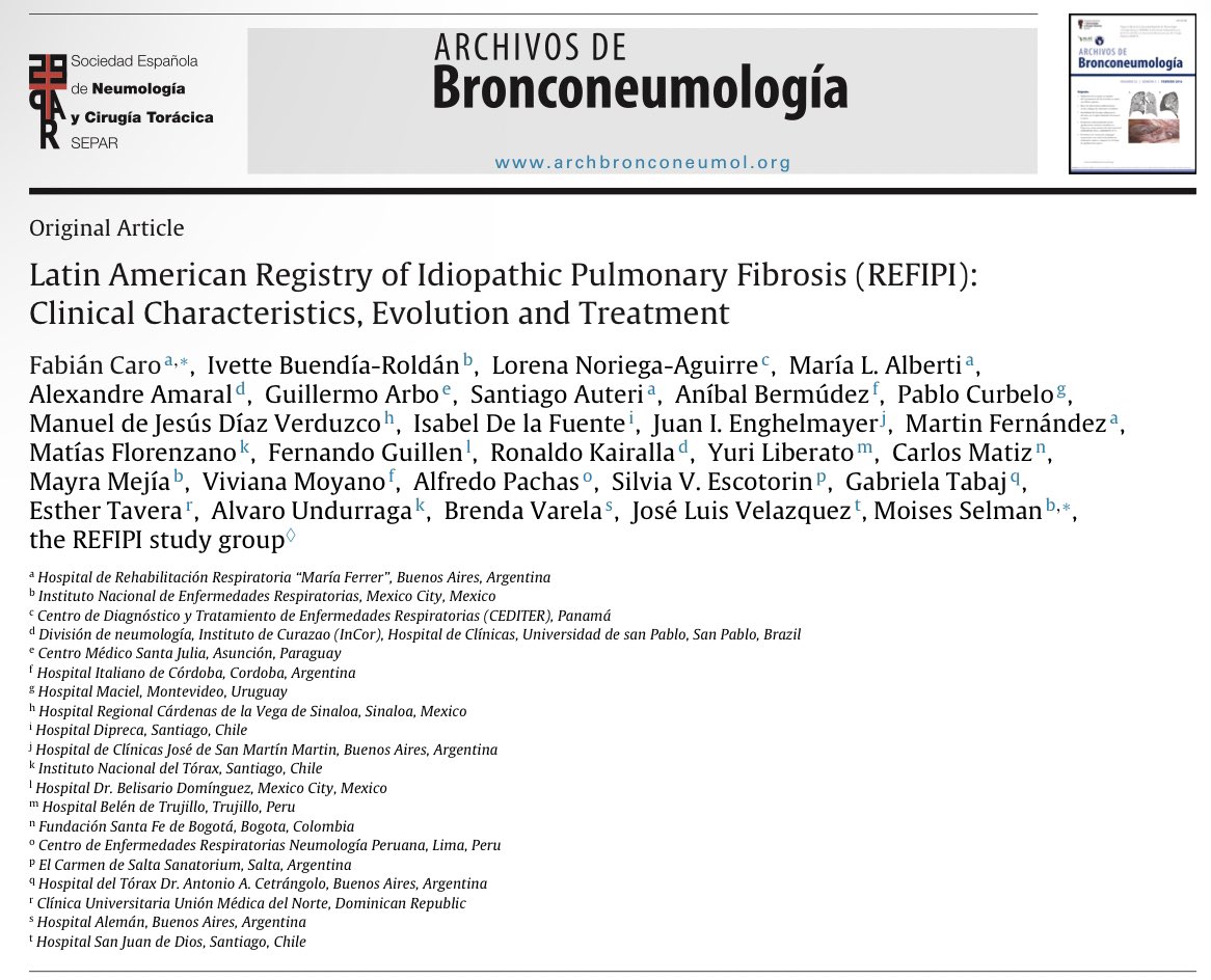 PleuralPOCUS's tweet photo. Se publica nuestro REGISTRO LATINOAMERICANO DE FIBROSIS PULMONAR IDIOPATICA (#REFIPI) en @ArchBronconeumo lidereado por @ALATIntersticio en el cual tuvimos el gusto de participar con nuestra casuística. 

https://t.co/DJOBJp7s8F

Muchas felicidades a @ALATorax https://t.co/kjg8TVOa8Y