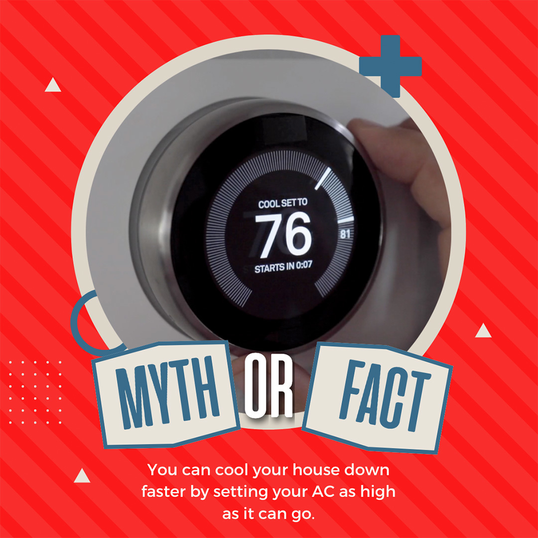 YourSFAgentMike's tweet photo. The answer is MYTH! ❌ Lowering the temperature all the way does nothing to speed things up. This should be avoided as this can also overwork your system and cause damage to your HVAC system. #homeinsurance #hometip https://t.co/xBpoS76gGn