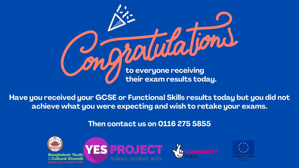 Congratulations to everyone collecting their results today!!!🎉

If you have not achieved the results you were expecting and wish to retake your exams, then contact us on: 0116 275 5855

#Leicester #Resultsday #YESProject #GCSEresults