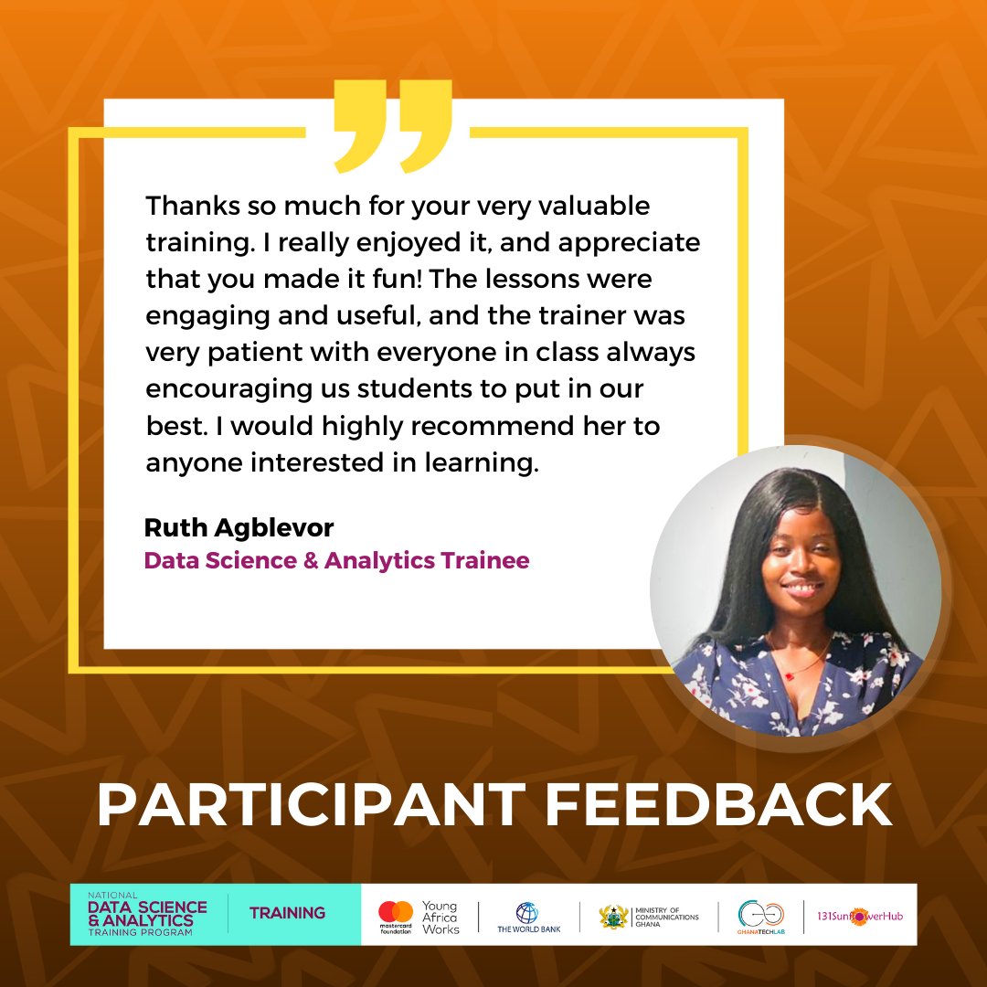 131SFH's tweet photo. PARTICIPANT FEEDBACK - 
DATA SCIENCE &amp; ANALYTICS TRAINING

"The lessons were engaging and useful, and the trainer was very patient with everyone in class, always encouraging us to put in our best."

#DataScience #Analytics #DataAnalytics https://t.co/8VkGCzeRqF