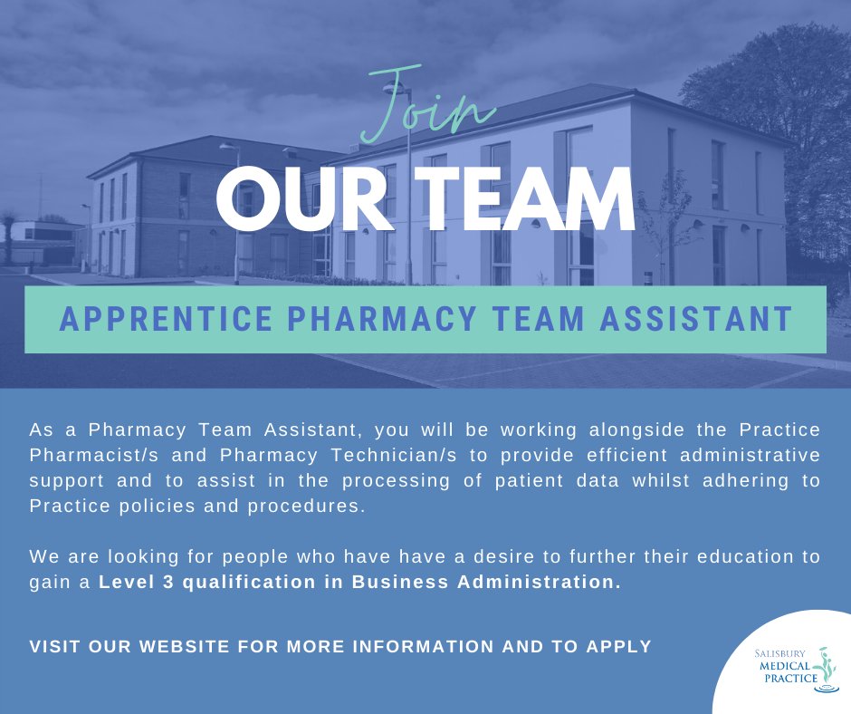 We have an exciting opportunity to join our expanding Pharmacy Team on an Apprenticeship programme! Visit our website to view the full job description and to apply: salisburymedicalpractice.co.uk/vacancies