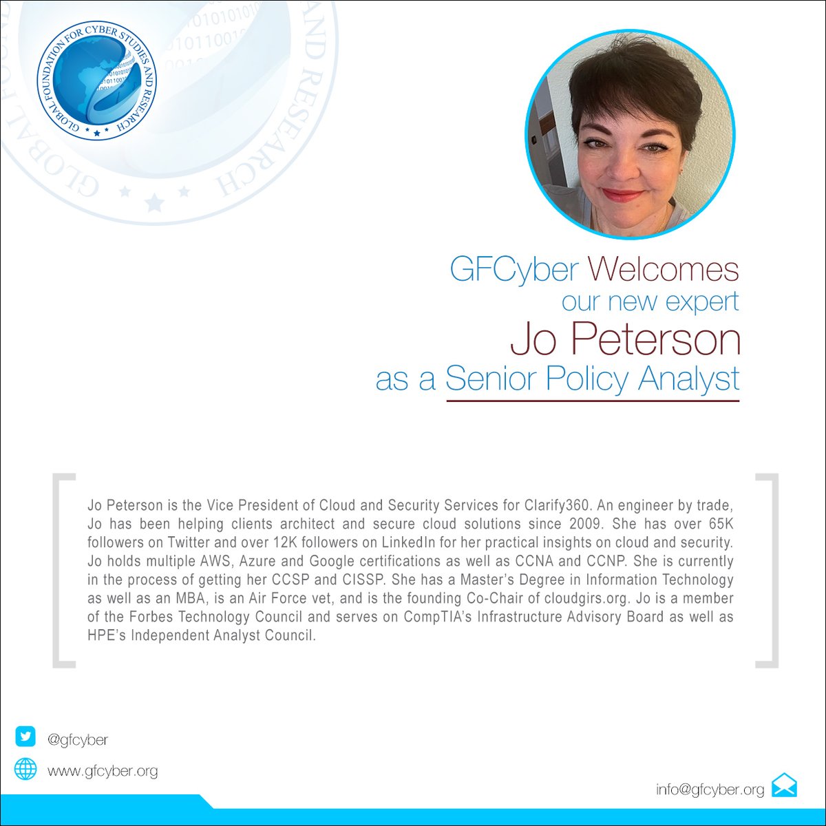 Welcome our new expert @digitalcloudgal 

Our Team: gfcyber.org/our-team/

#cybersecurity #gfcyber #infosec #cyber #data #AI #thinktanks #security #privacy #infosecurity #cyberpolicy #MachineLearning #tech #technology #cloud #news