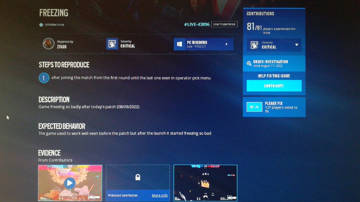 Flama111's tweet photo. Hi @UbisoftSupport, any news about this bug? I still can't play the game without beeing freezed 6 times every round, sometimes the game crashes as well, in live and tts, will we get a fix before next season? Ty. https://t.co/wL4cYvXPMD