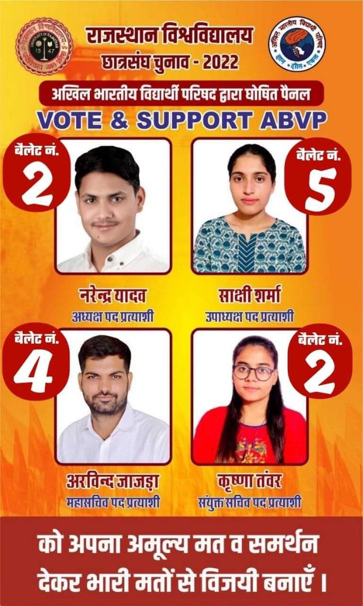 Lalit4Bjp's tweet photo. मेरे युवा साथियों,रीट का पेपर बेचने वाले याद हैं ना ? आपके सपनों का सौदा उम्मीदों को बेचने वाले याद हैं ना ? तो बस कल जवाब देने के वक्त है Vote and support #abvpvoice #ABVP @HushyarMeenaIN #narendrayadav #rusu2022 #sakshisharma #arvindjajra_rusu #krishnatanwar @ABVPVoice @AbvpRu https://t.co/QDws7OAvvk