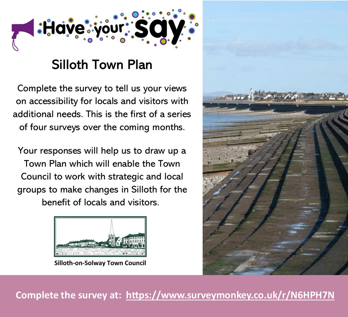 SillothTownC's tweet photo. Silloth Town Plan - Complete our survey to tell us your views on accessibility for locals and visitors with additional needs.  This is the first of a series of four surveys over the coming months. #silloth #accessibility #towncouncil https://t.co/V52EYvSwa2 https://t.co/193rDqgVZY