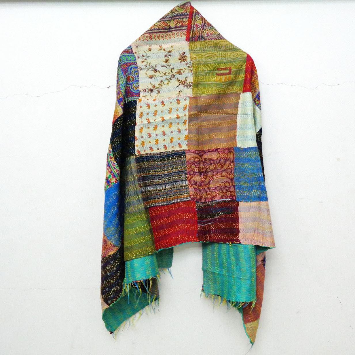 Handmade patchwork long Silk Kantha Scarf Head Wrap Stole Dupatta Stitched Embroidered Scarf Veil Boho KT72
