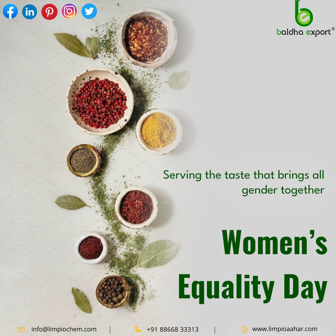 BaldhaExport's tweet photo. Women's Equality Day
-
Serving the taste that brings all gender together
#aahar #limpio #limpioaahar #BaldhaExport #indianglossary #FMCG #religion #kitchen #rice #sport #womensequalityday #servingthetaste #gendertogether #cuminpowder #chillipowder #turmaric #bayleaf https://t.co/TwSM0aJuwK