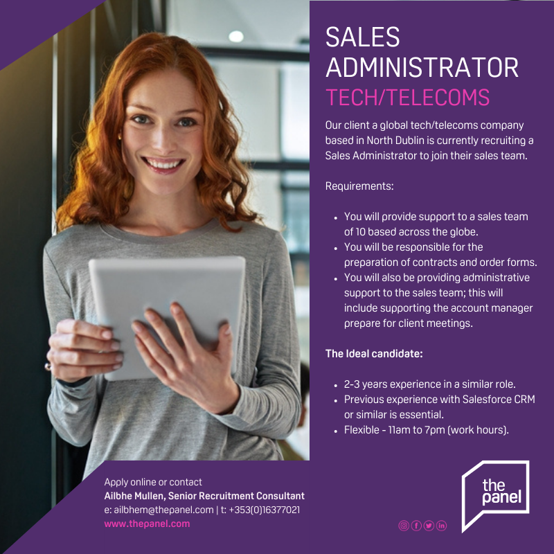 ThePanelDublin's tweet photo. Sales Administrator (https://t.co/dcb3szrCad) role is currently available with our client, a global tech/telecoms company.
For more information contact our colleague @amullennyc at ailbhem@thepanel.com
#jobfairy #salesadministrator #salesadmin #salesforcecrm #salesforce https://t.co/L0peLgHdqT