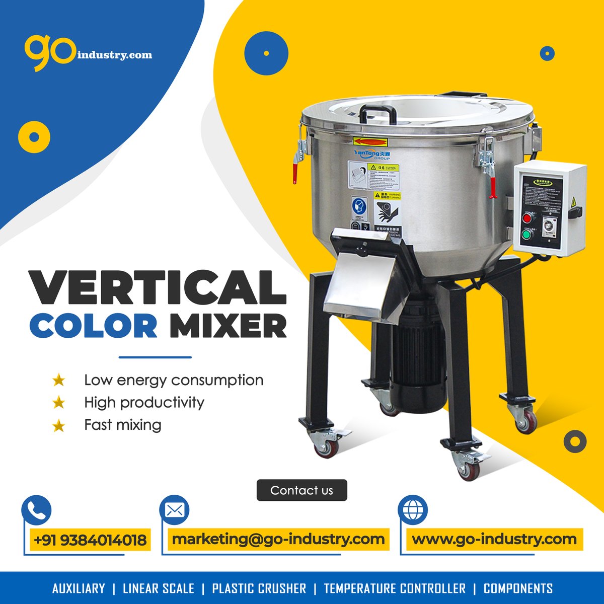go_industry's tweet photo. Using advanced technology, we are presenting our #VerticalColorMixer.
 Features:
*Robust structure
*Noiseless functioning
*Easy to operate

Whatsapp @ +91 93840 14018

#verticalcolormixer #robuststructure #threephase #mixerplastic #highspeedmixer #motor #colormixer https://t.co/u9c9epeRdB