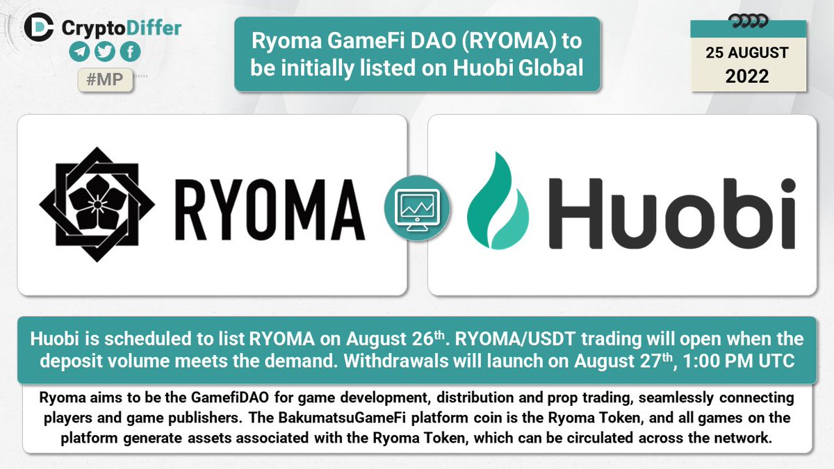 CryptoDiffer's tweet photo. ❗️@RyomaCrypto $RYOMA to be initially listed on @HuobiGlobal

Huobi is scheduled to list RYOMA on August 26th. RYOMA/USDT trading will open when the deposit volume meets the demand. Withdrawals will launch on August 27th, 1:00 PM UTC.

👉 https://t.co/aiIwdx2id9 https://t.co/Fu97UoA0f3