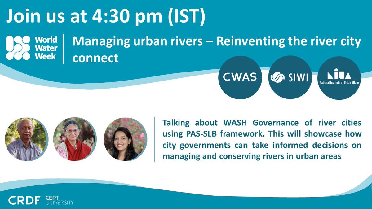 Center for Water and Sanitation (@cept_cwas) on Twitter photo Starting now!
If you are attending World Water Week 2022, Join us at 4.30 pm (IST) with <a href="/siwi_water/">SIWI</a> and <a href="/NIUA_India/">NIUA_India</a> at <a href="/siwi_www/">World Water Week</a> for an interesting session on Managing urban rivers – Reinventing the river city connect.
worldwaterweek.org/event/10343-ma…
<a href="/mehta_pani/">Meera Mehta</a> <a href="/DineshMehta100/">Dinesh Mehta</a> Starting now!
If you are attending World Water Week 2022, Join us at 4.30 pm (IST) with <a href="/siwi_water/">SIWI</a> and <a href="/NIUA_India/">NIUA_India</a> at <a href="/siwi_www/">World Water Week</a> for an interesting session on Managing urban rivers – Reinventing the river city connect.
worldwaterweek.org/event/10343-ma…
<a href="/mehta_pani/">Meera Mehta</a> <a href="/DineshMehta100/">Dinesh Mehta</a>