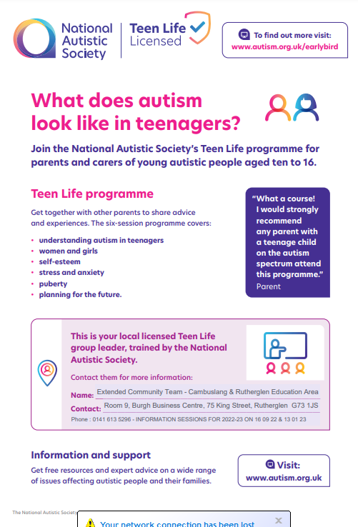 CathkinHigh's tweet photo. Respect:
TeenLife Course for parents/carers of young people aged 10 to 16 with Autism.  Information Sessions - Friday  16 09 22 &amp; Friday 13 01 23.  See leaflet for details. https://t.co/iv8AJh6VsO
