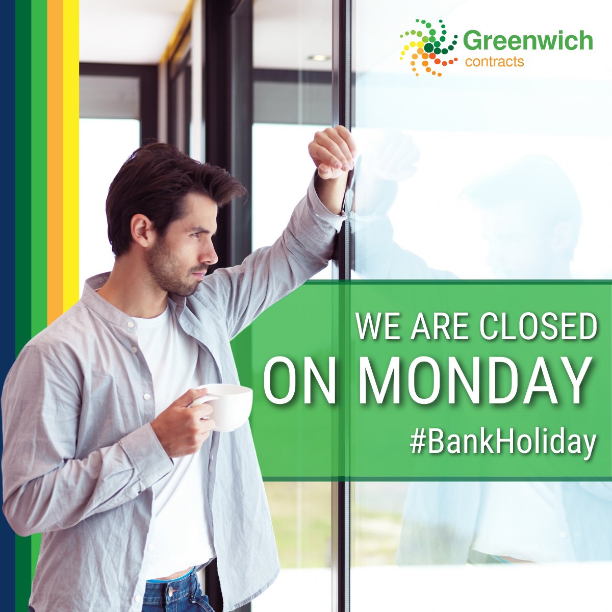 GreenwichContr1's tweet photo. Don't forget that this Monday is a bank holiday and as such our office will be closed but business will resume as normal the following day. Have a great three day weekend!
#BankHoliday #Closed #LongWeekend https://t.co/YSG8hD28p7
