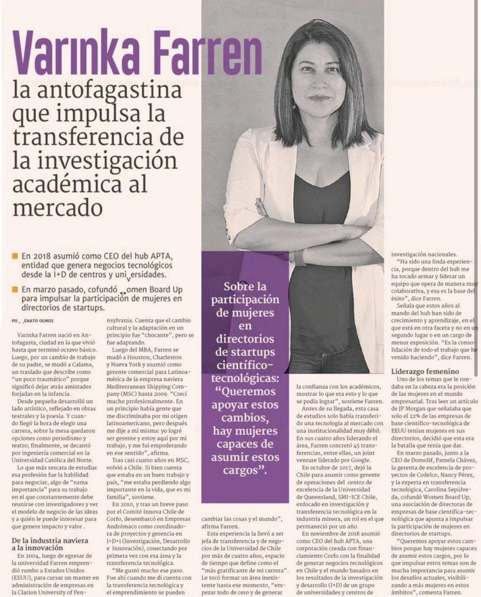 varinkaf's tweet photo. Qué linda entrevista en #Pioneras de Diario Financiero. Sin duda, refleja mi camino desde la niñez y adolescencia, en mi ciudad natal #Antofagasta, hasta mi trabajo en transferencia tecnológica, innovación y emprendimiento y, en la promoción de la participación femenina en #CTCI https://t.co/AfeG9y0cjx