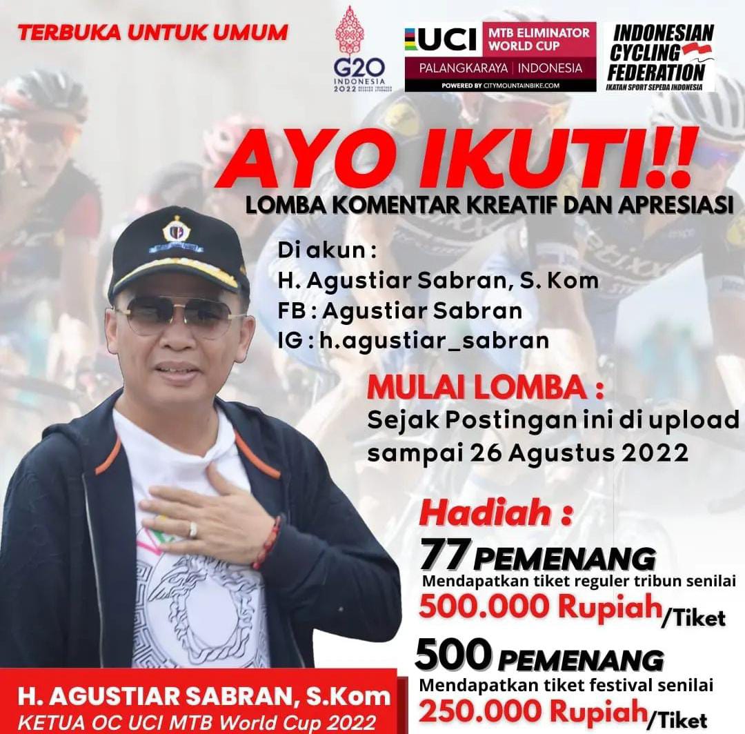 YayyfY's tweet photo. Lomba Komentar Kreatif dan Apresiasi atas acara MTB Eliminator World Cup in Palangkaraya 

Di akun Fb: Agustiar Sabran , 
Ig: h.agustiar_sabran

#palangkaraya #uci #g20 #lomba #citymountain #indonesia #2022 #indonesiacyclingfederation https://t.co/DraZR9nqAu