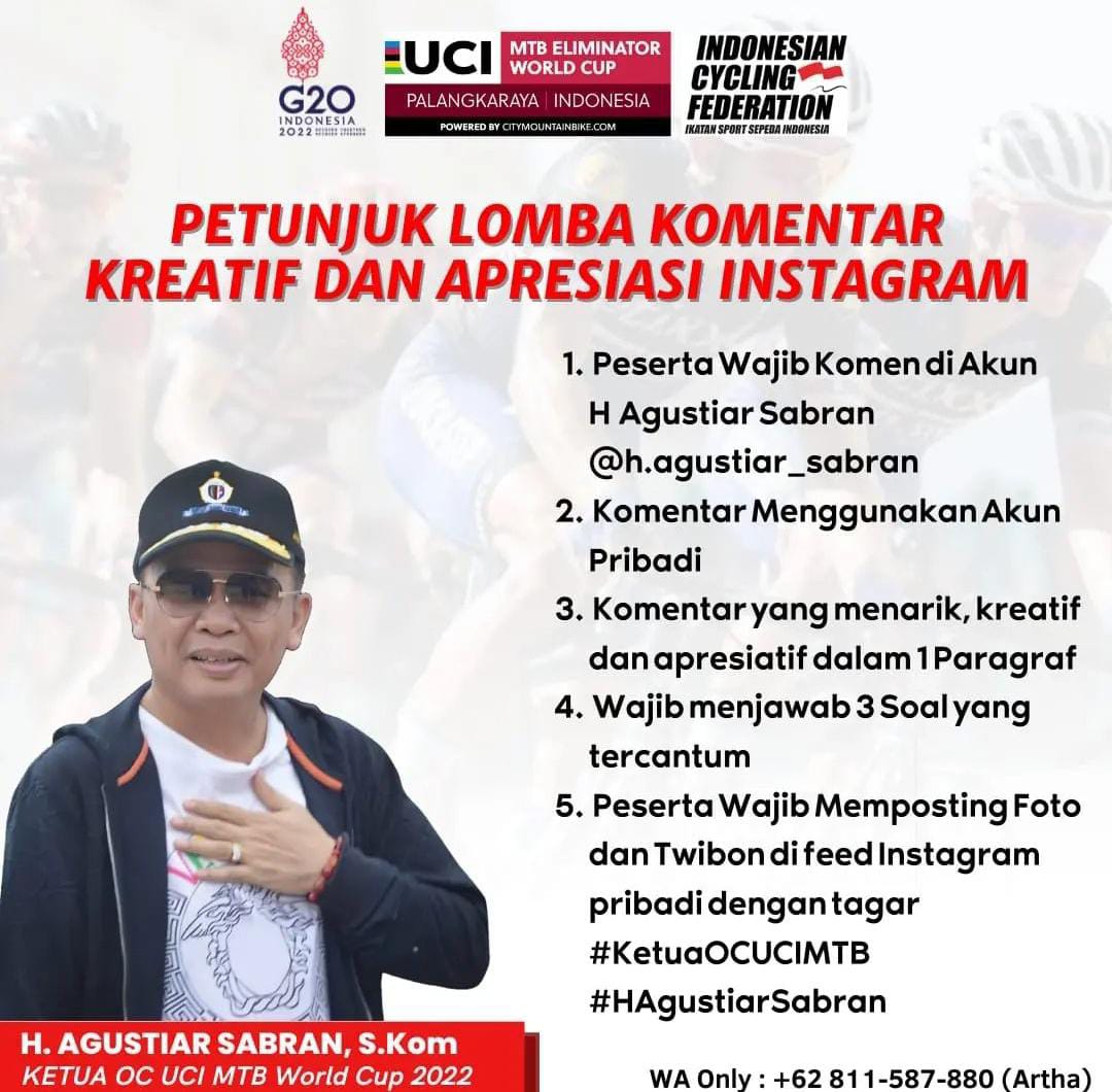 YayyfY's tweet photo. Lomba Komentar Kreatif dan Apresiasi atas acara MTB Eliminator World Cup in Palangkaraya 

Di akun Fb: Agustiar Sabran , 
Ig: h.agustiar_sabran

#palangkaraya #uci #g20 #lomba #citymountain #indonesia #2022 #indonesiacyclingfederation https://t.co/DraZR9nqAu