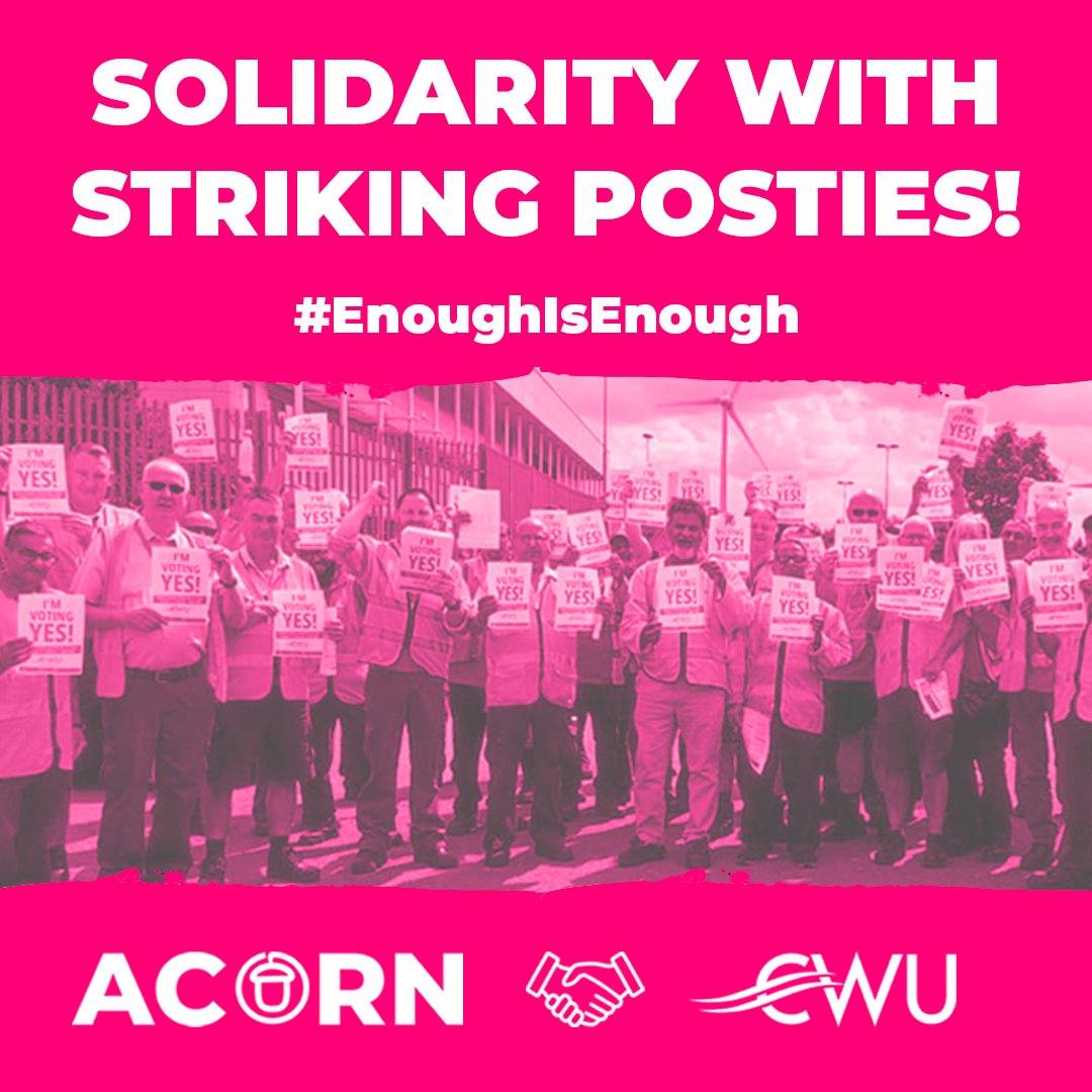 📮ACORN stands in solidarity with 115,000+ postal workers & @CWUnews members taking strike action tomorrow, in response to a shoddy pay offer (equal to a real term pay cut) from Royal Mail. 🧵... #StandByYourPost #EnoughIsEnough