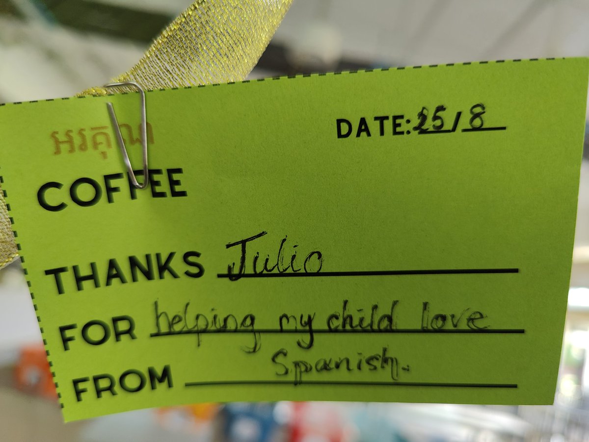 smedesj's tweet photo. Spotted! Thank you coffee @ISPPCambodia. Wonder which eager Gr 6 student can't stop talking about his Spanish class at home 🤔 @imluizmello https://t.co/3hBr2CyLFw