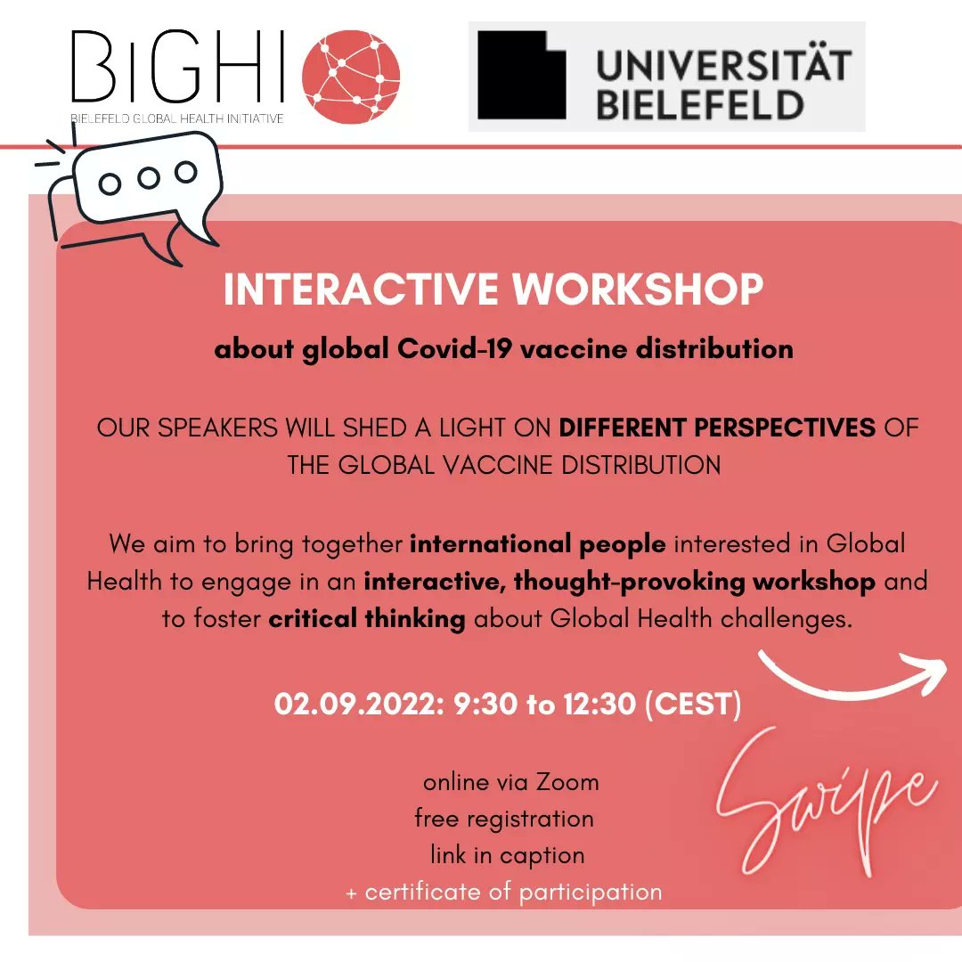 bielefeld_ghi's tweet photo. Don't miss our insightful and thought-provoking workshop on the global #COVID19 vaccine distribution next week! 💡🤓

We're happy to announce our speakers:
🎤Sangeeta Shashikant from @3rdworldnetwork
🎤Amina Mohammed Abubakar, medical doctor in Ghana
⬇️⬇️ https://t.co/GzyFgBSJUB
