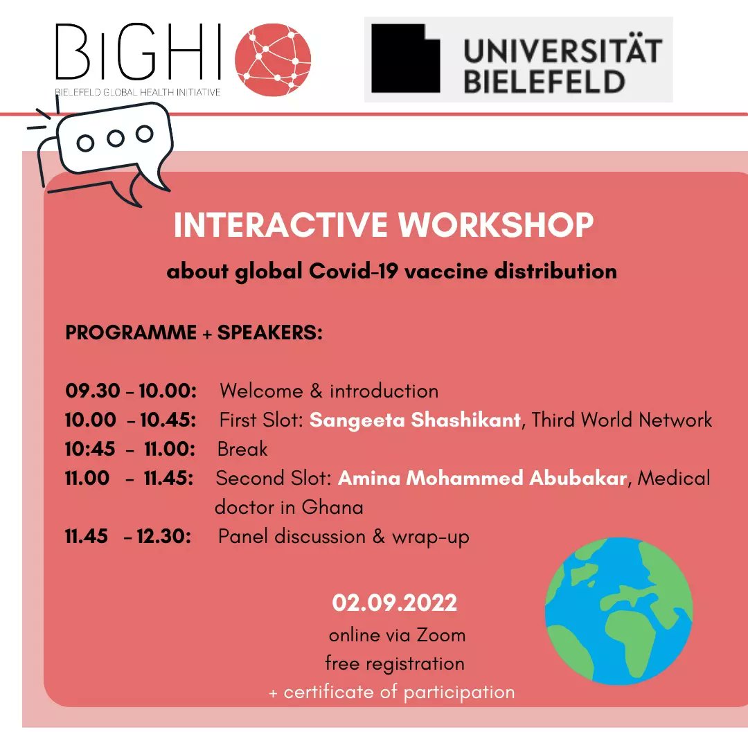 bielefeld_ghi's tweet photo. Don't miss our insightful and thought-provoking workshop on the global #COVID19 vaccine distribution next week! 💡🤓

We're happy to announce our speakers:
🎤Sangeeta Shashikant from @3rdworldnetwork
🎤Amina Mohammed Abubakar, medical doctor in Ghana
⬇️⬇️ https://t.co/GzyFgBSJUB