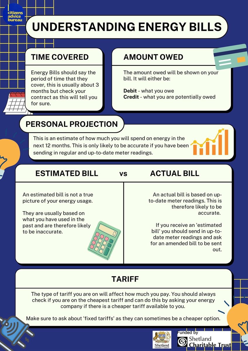 ShetlandCarers's tweet photo. Understanding energy bills can be confusing.  For advice, please contact the Citizens Advice Bureau - Energy Advice Service via the following contact details:

Tel: 01595 694696
Email: sicab@shetland.org
https://t.co/YwIMzv2l7d 

Their office is not open for drop-ins. https://t.co/y8EcR56MpA