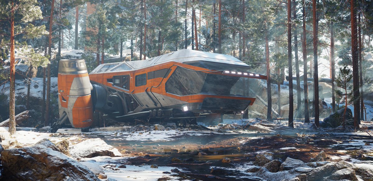 LightyearsGame's tweet image. Here's out finalized spaceship with living interior that will serve the player as a home base. The landing on Glacier IV was a little rough, so the player will need to make the ship capable of flying again. Kudos to Vattalus, our hard surface artist! #screenshotsaturday #UE5