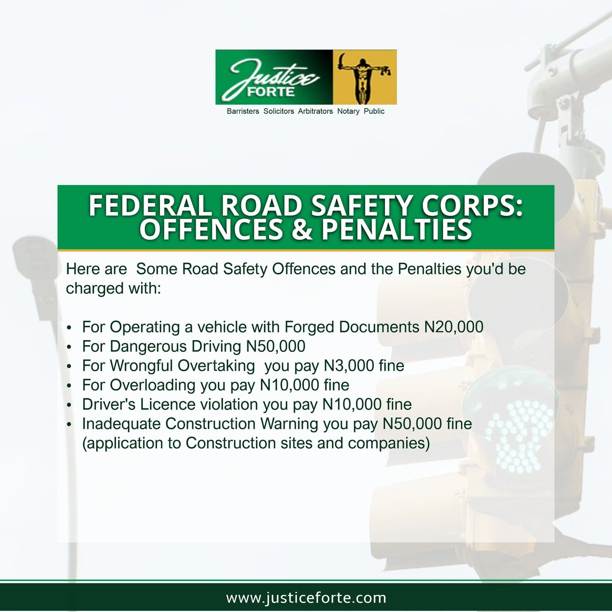 JusticeForte's tweet photo. FEDERAL ROAD SAFETY CORPS: OFFENCES & PENALTIES (IN NIGERIA)
Here are Some Road Safety Offences and the Penalties you’d be charged with in Nigeria
#frsc #justiceforte #driving #roadsafety #safety #nigeria #construction #thursdaymorning #thursdayvibes https://t.co/KXlVvo2Blj